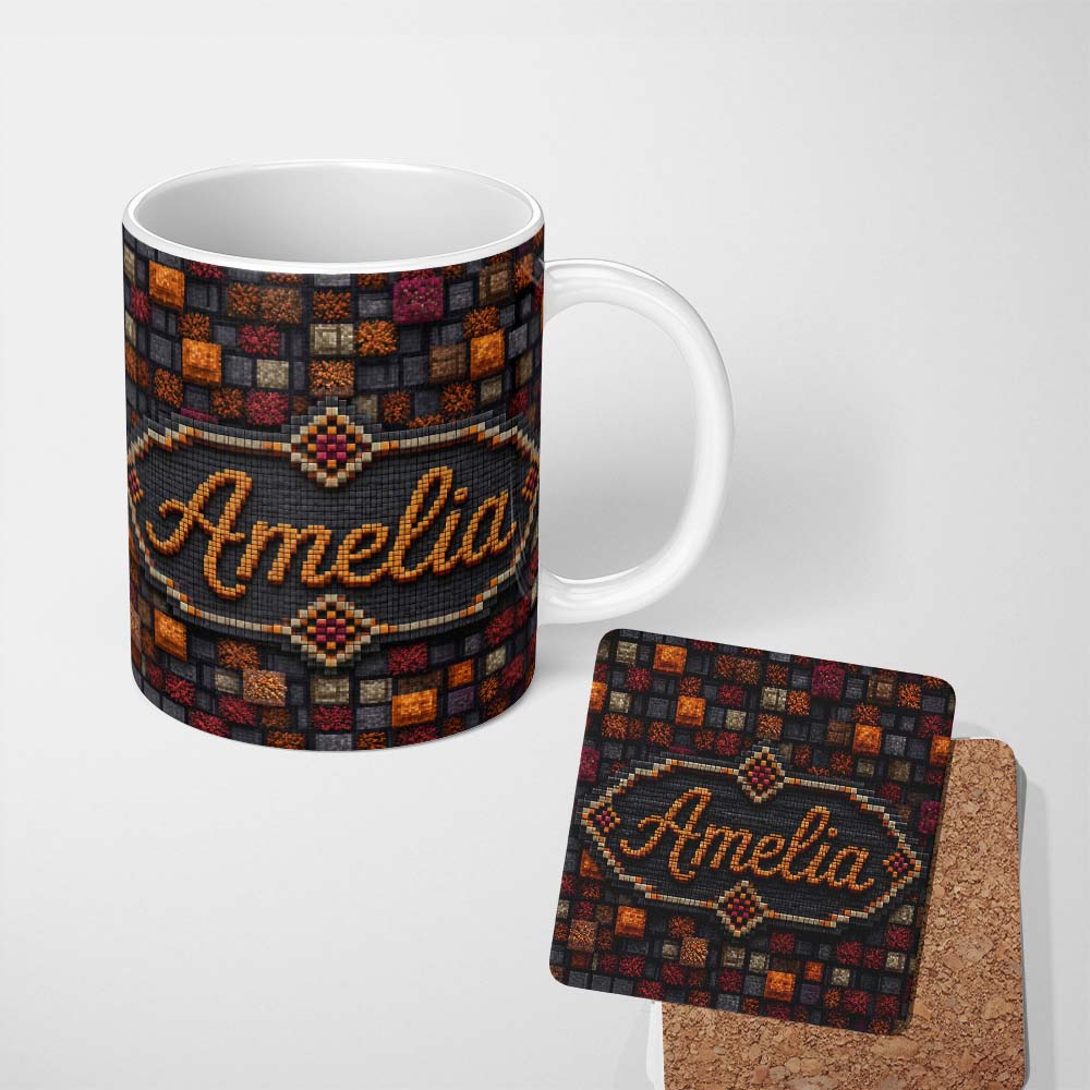 Personalized Custom Name Autumn Mosaic Square Texture Multicolour Abstract Seamless Pattern 11oz Ceramic Coffee Tea Mug White Large Handle