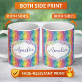 Personalized Custom Name Watercolor Leaf Stripe Rainbow Pattern Seamless Botanical Design 11oz Ceramic Coffee Tea Mug White Large Handle