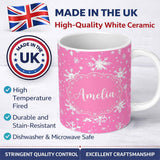 Personalized Custom Name Pink White Snowflake Winter Holiday Seamless Pattern Lovely 11oz Ceramic Coffee Tea Mug White Large Handle