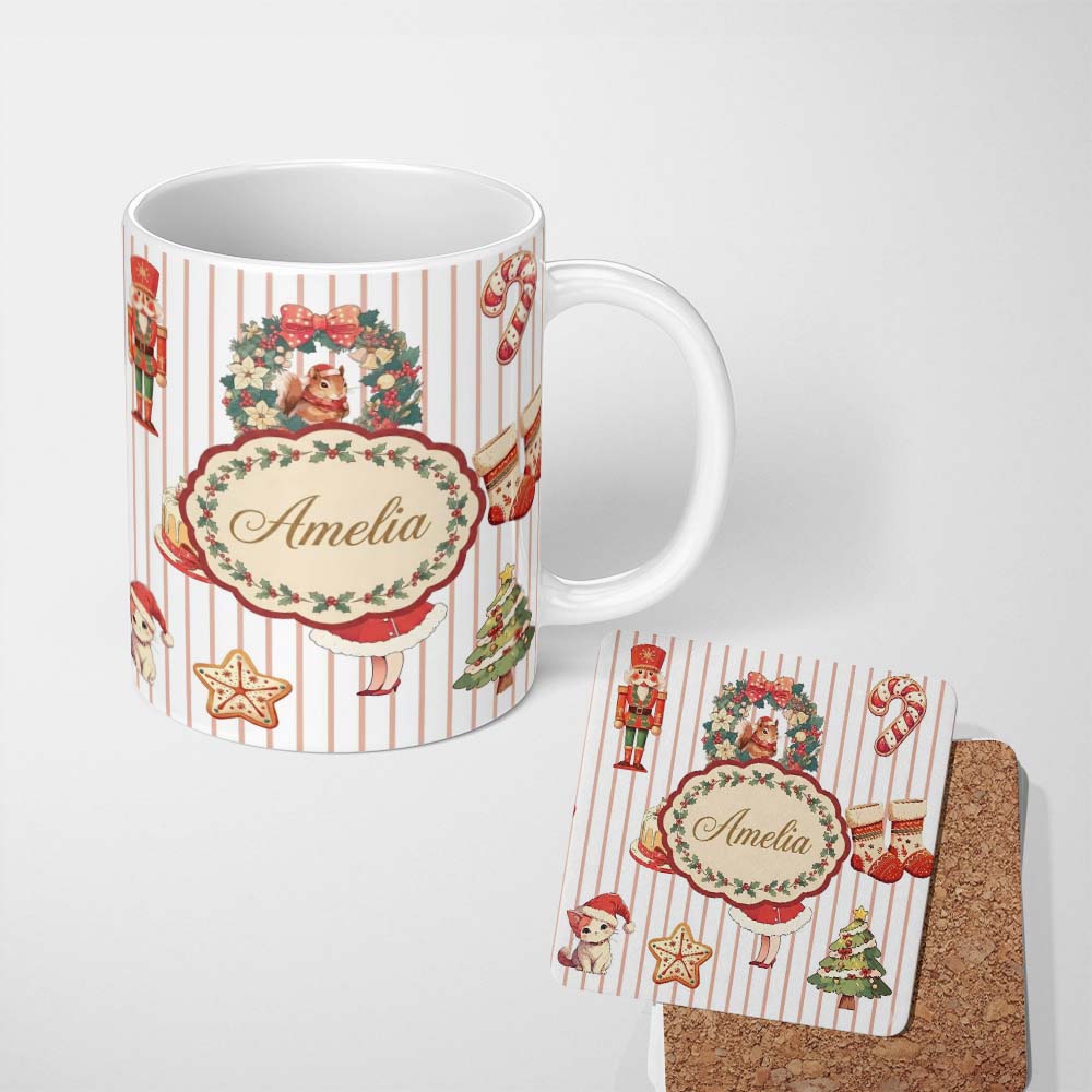 Personalized Custom Name Christmas Nutcracker Squirrel Cake Candy Cane Girl Tree Beige Stripe 11oz Ceramic Coffee Tea Mug White Large Handle