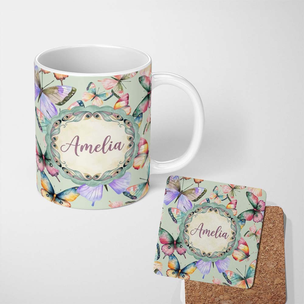 Personalized Custom Name Colorful Watercolor Butterflies on Sage Green Background Seamless 11oz Ceramic Coffee Tea Mug White Large Handle