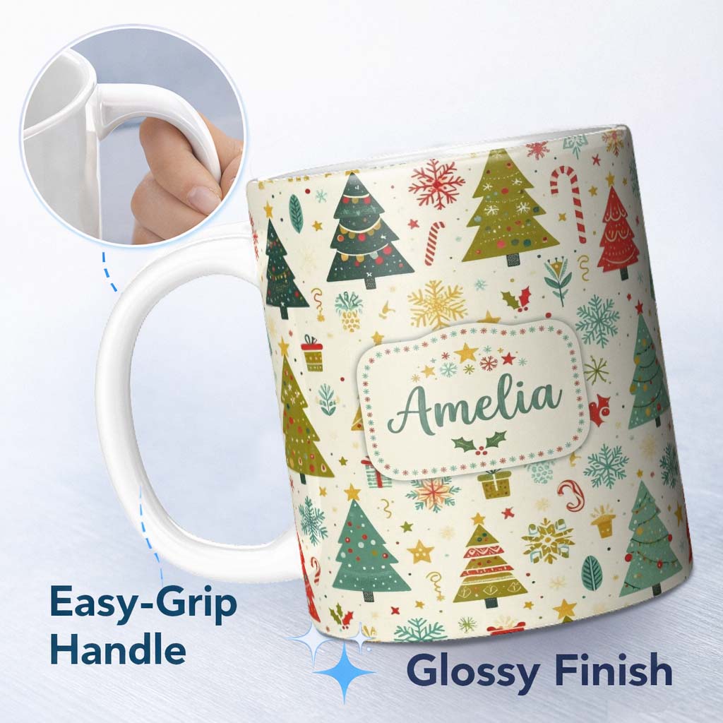 Personalized Custom Name Cute Christmas Trees Candy Canes Snowflakes Seamless Pattern Lovely 11oz Ceramic Coffee Tea Mug White Large Handle