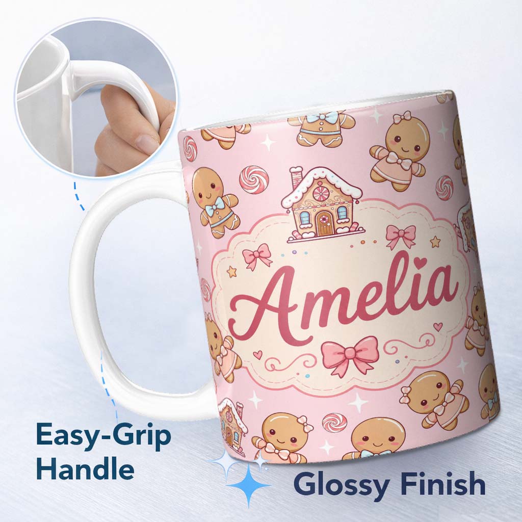 Personalized Custom Name Cute Christmas Gingerbread Characters Candy House Light Pink Lovely 11oz Ceramic Coffee Tea Mug White Large Handle