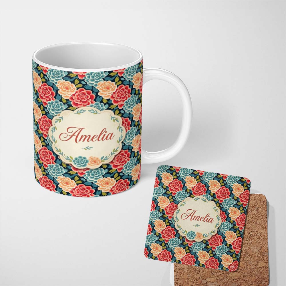 Personalized Custom Name Multicolor Floral Bloom Pattern Seamless Pattern Cute Unique Gift 11oz Ceramic Coffee Tea Mug White Large Handle
