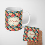 Personalized Custom Name Multicolor Floral Bloom Pattern Seamless Pattern Cute Unique Gift 11oz Ceramic Coffee Tea Mug White Large Handle