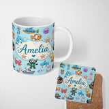 Personalized Custom Name Cartoon Ocean with various sea Creatures Sea Creatures on Aqua Blue 11oz Ceramic Coffee Tea Mug White Large Handle