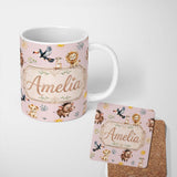 Personalized Custom Name Jungle Animals Lion Meerkat Toucan Boar on Dusty Pink Seamless 11oz Ceramic Coffee Tea Mug White Large Handle
