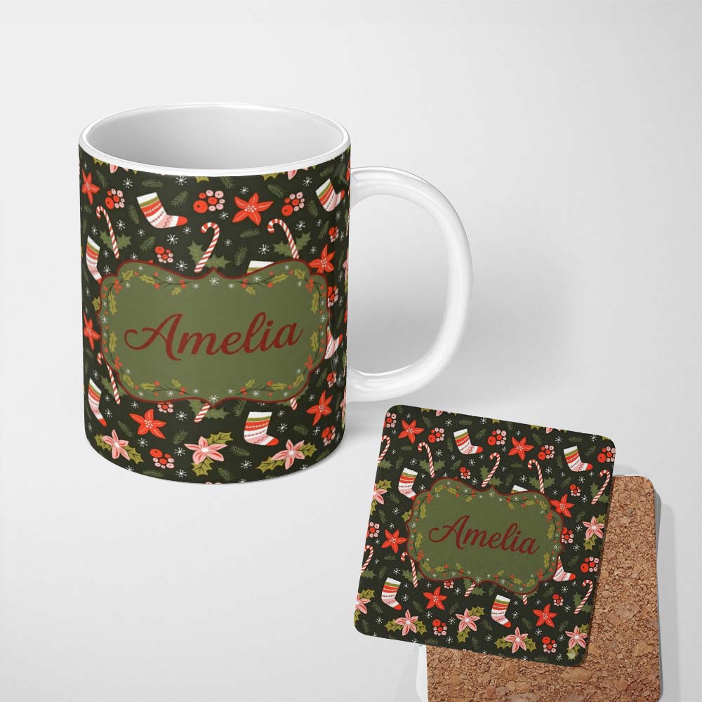 Personalized Custom Name Cute Christmas Stockings Candy Canes Holly Floral Seamless Pattern 11oz Ceramic Coffee Tea Mug White Large Handle
