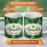 Personalized Custom Name Cute Green Christmas Trees Golden Ornaments Seamless Pattern Lovely 11oz Ceramic Coffee Tea Mug White Large Handle