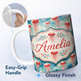 Personalized Custom Name Watercolor Red Jellyfish on Ocean Blue Background Seamless Artistic 11oz Ceramic Coffee Tea Mug White Large Handle