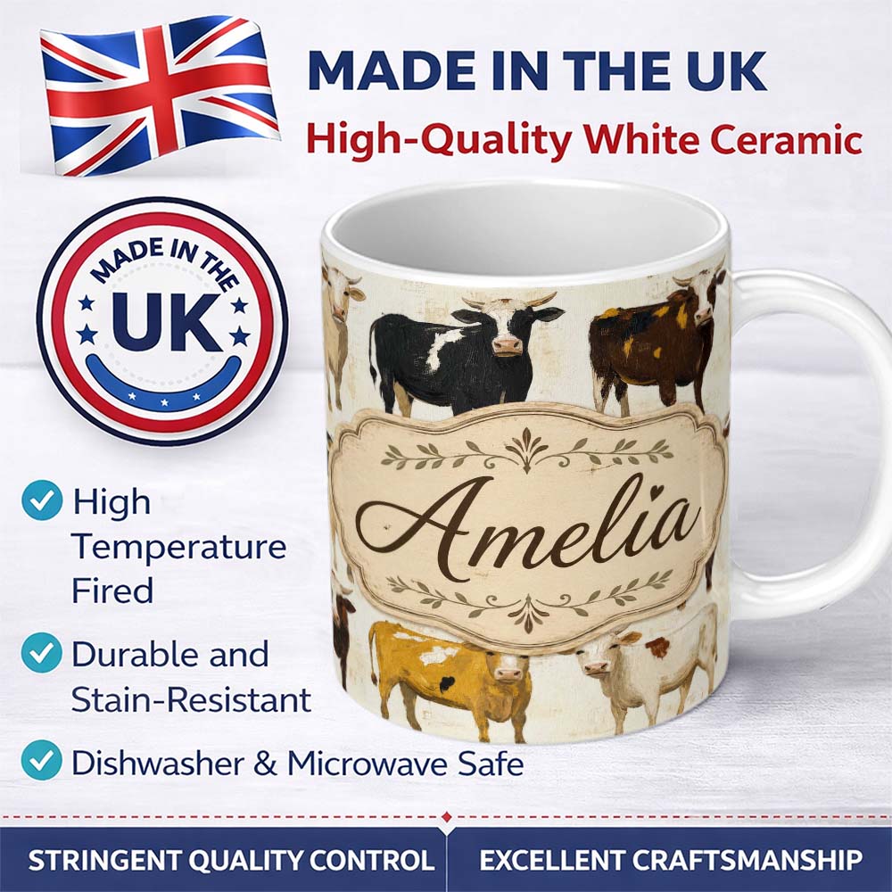 Personalized Custom Name Classic Cow Herd Farm Animal Illustration Seamless Pattern Lovely 11oz Ceramic Coffee Tea Mug White Large Handle