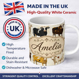 Personalized Custom Name Classic Cow Herd Farm Animal Illustration Seamless Pattern Lovely 11oz Ceramic Coffee Tea Mug White Large Handle