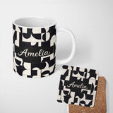 Personalized Custom Name Abstract Cutout Grid Black Cream Modern Geometric Pattern Lovely 11oz Ceramic Coffee Tea Mug White Large Handle