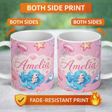 Personalized Custom Name Mermaid Ocean Friends Jellyfish Starfish Rose Pink Background Lovely 11oz Ceramic Coffee Tea Mug White Large Handle