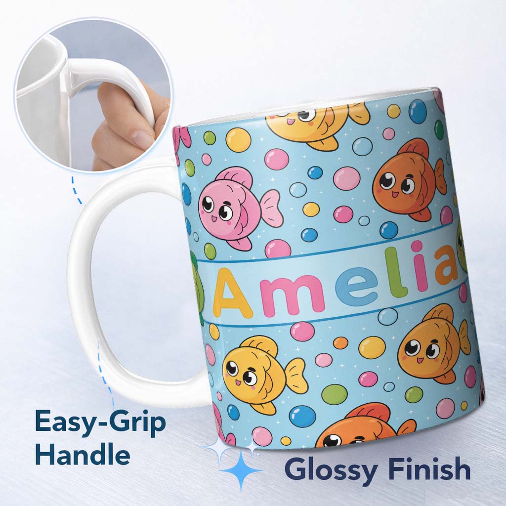 Personalized Custom Name Cute Colorful Fish Bubbles Underwater Kawaii Seamless Pattern Lovely 11oz Ceramic Coffee Tea Mug White Large Handle