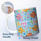 Personalized Custom Name Cute Colorful Fish Bubbles Underwater Kawaii Seamless Pattern Lovely 11oz Ceramic Coffee Tea Mug White Large Handle