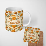 Personalized Custom Name Orange Floral Stem Botanical Seamless Pattern on Light Background 11oz Ceramic Coffee Tea Mug White Large Handle