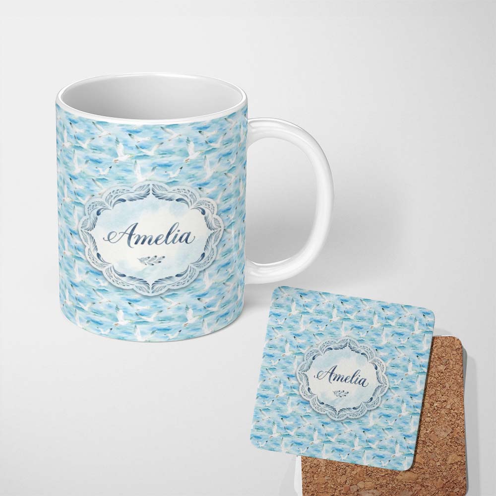 Personalized Custom Name Watercolor Seagulls Flying Over Ocean Waves Seamless Pattern Lovely 11oz Ceramic Coffee Tea Mug White Large Handle