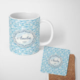 Personalized Custom Name Watercolor Seagulls Flying Over Ocean Waves Seamless Pattern Lovely 11oz Ceramic Coffee Tea Mug White Large Handle