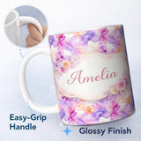 Personalized Custom Name Soft Watercolour Splash Lavender Peach Abstract Pattern Lovely 11oz Ceramic Coffee Tea Mug White Large Handle