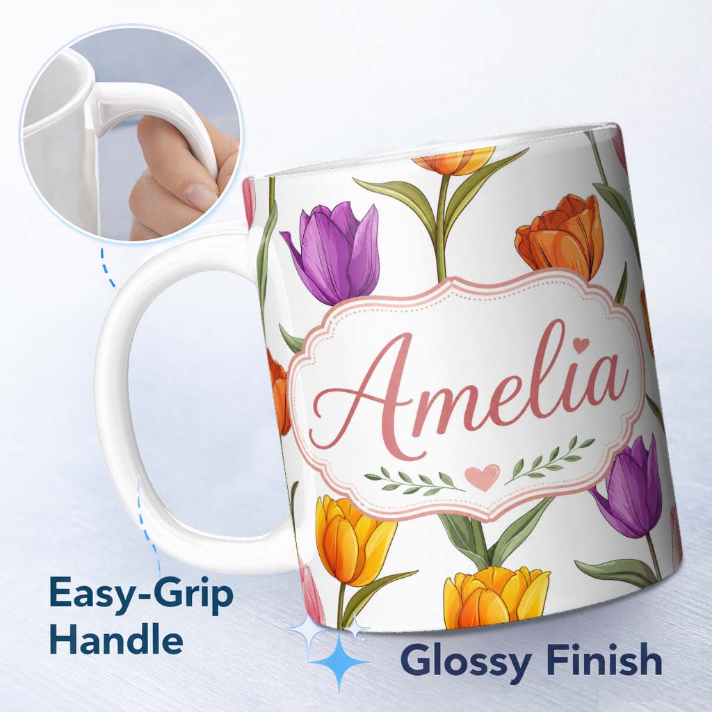 Personalized Custom Name Colorful Tulip Flowers White Background Spring Floral Seamless 11oz Ceramic Coffee Tea Mug White Large Handle