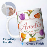 Personalized Custom Name Colorful Tulip Flowers White Background Spring Floral Seamless 11oz Ceramic Coffee Tea Mug White Large Handle