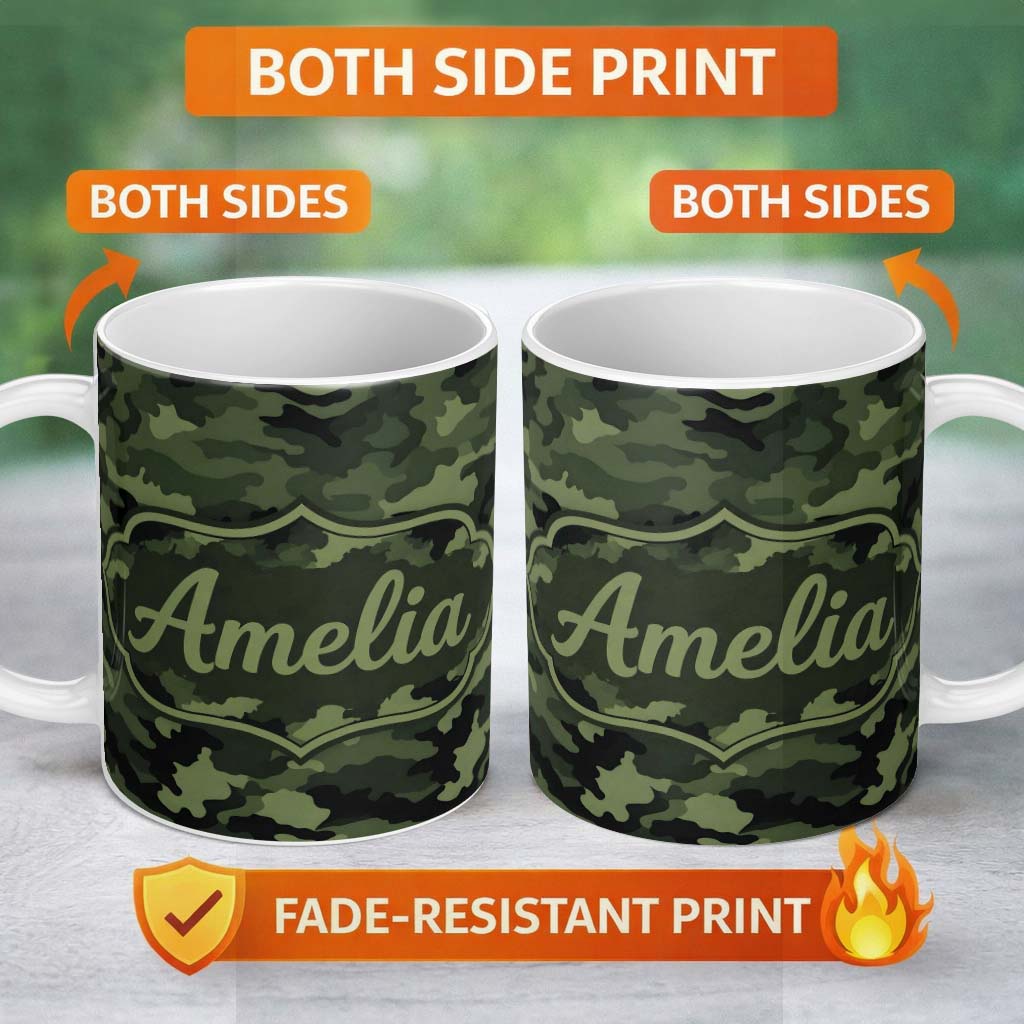 Personalized Custom Name Dark Green Military Camouflage Seamless Pattern Cute Unique Gift 11oz Ceramic Coffee Tea Mug White Large Handle