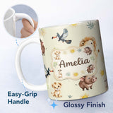 Personalized Custom Name Jungle Animals Lion Meerkat Toucan Boar on Cream Seamless Pattern 11oz Ceramic Coffee Tea Mug White Large Handle