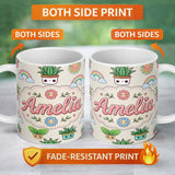 Personalized Custom Name Cute Kawaii Rainbow Sun Flowers Plant Pots Seamless Pattern Cream 11oz Ceramic Coffee Tea Mug White Large Handle