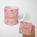 Personalized Custom Name Cute Pink Dolphin Stingray Starfish Ocean Creatures Peach Background 11oz Ceramic Coffee Tea Mug White Large Handle