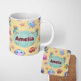 Personalized Custom Name Cute Kawaii Mermaid Seahorse Jellyfish and Starfish Soft Yellow 11oz Ceramic Coffee Tea Mug White Large Handle
