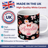 Personalized Custom Name Cute Cherry Bow Daisy Heart Seamless Pattern on Black Background 11oz Ceramic Coffee Tea Mug White Large Handle
