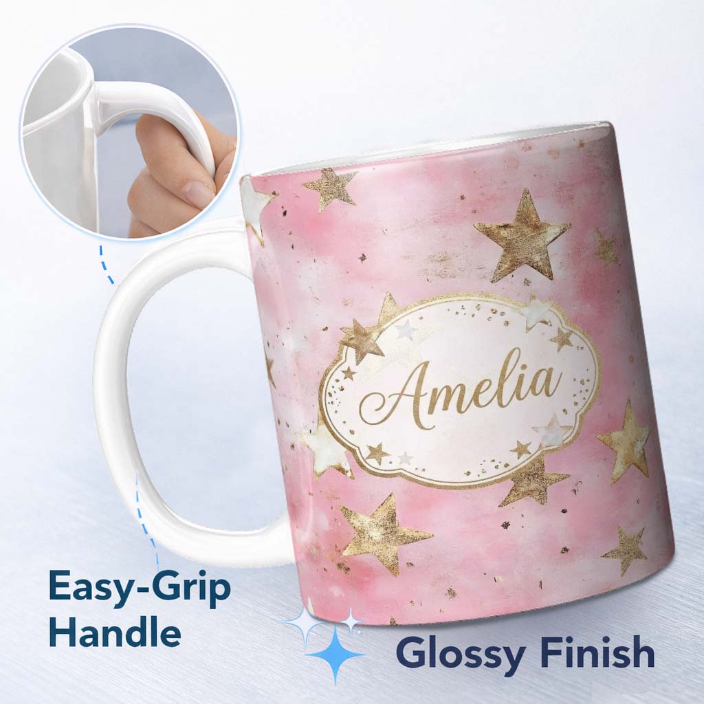 Personalized Custom Name Elegant Gold Star Pink Watercolor Background Seamless Pattern Lovely 11oz Ceramic Coffee Tea Mug White Large Handle