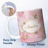 Personalized Custom Name Elegant Gold Star Pink Watercolor Background Seamless Pattern Lovely 11oz Ceramic Coffee Tea Mug White Large Handle