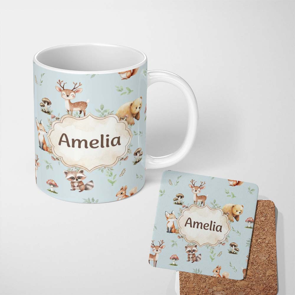 Personalized Custom Name Woodland Deer Bear Fox Owl Raccoon Leaves Mushrooms Blue Seamless 11oz Ceramic Coffee Tea Mug White Large Handle