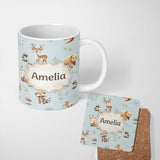 Personalized Custom Name Woodland Deer Bear Fox Owl Raccoon Leaves Mushrooms Blue Seamless 11oz Ceramic Coffee Tea Mug White Large Handle
