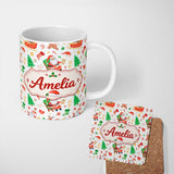 Personalized Custom Name Watercolor Santa Sleigh Reindeer Christmas Seamless Pattern Lovely 11oz Ceramic Coffee Tea Mug White Large Handle