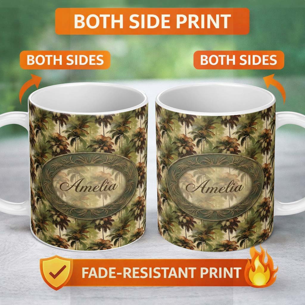 Personalized Custom Name Tropical Palm Tree Pattern in Warm Brown and Green Earthy Tones 11oz Ceramic Coffee Tea Mug White Large Handle