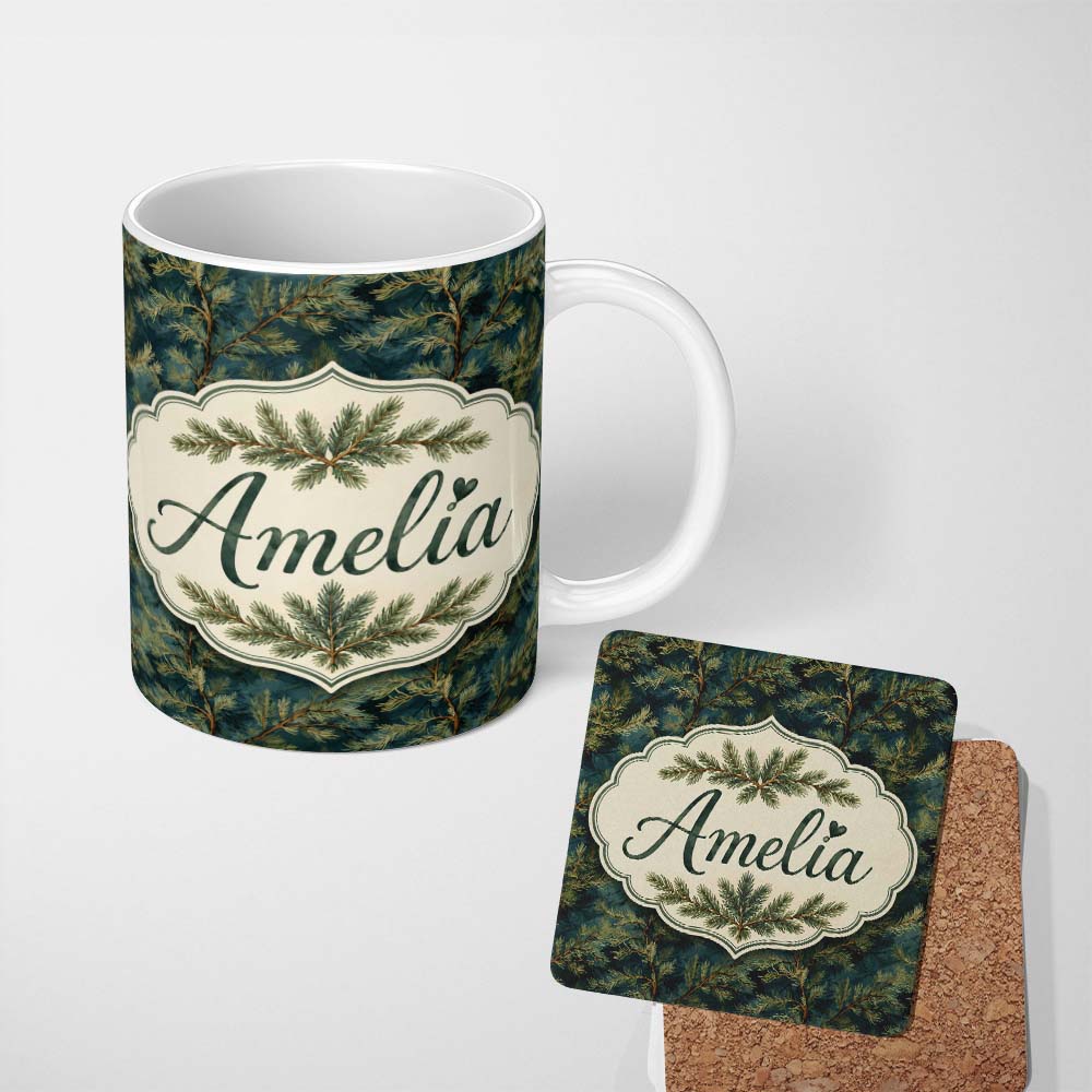 Personalized Custom Name Dark Evergreen Pine Branch Pattern with Dense Texture Lovely 11oz Ceramic Coffee Tea Mug White Large Handle