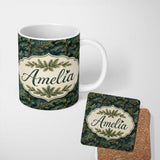 Personalized Custom Name Dark Evergreen Pine Branch Pattern with Dense Texture Lovely 11oz Ceramic Coffee Tea Mug White Large Handle