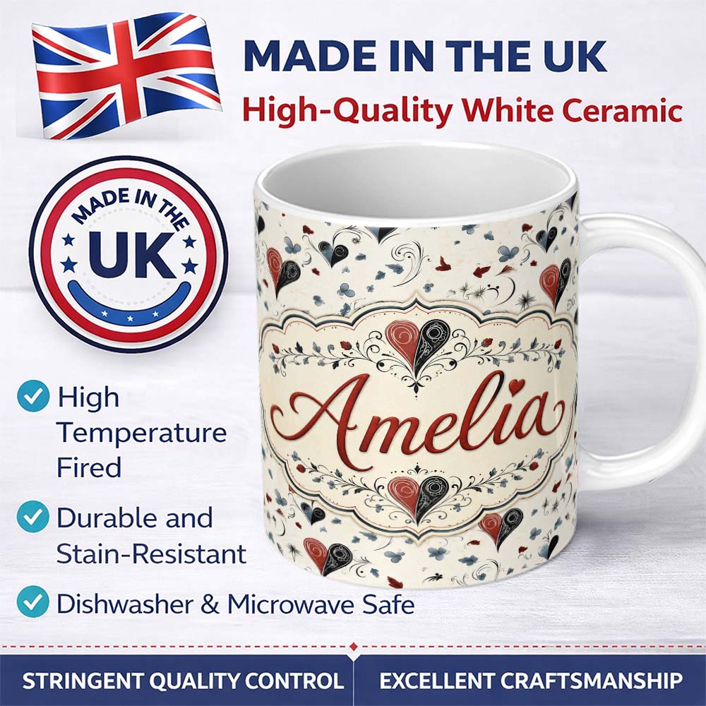 Personalized Custom Name Elegant Abstract Heart Swirl and Floral Motif Seamless Pattern 11oz Ceramic Coffee Tea Mug White Large Handle
