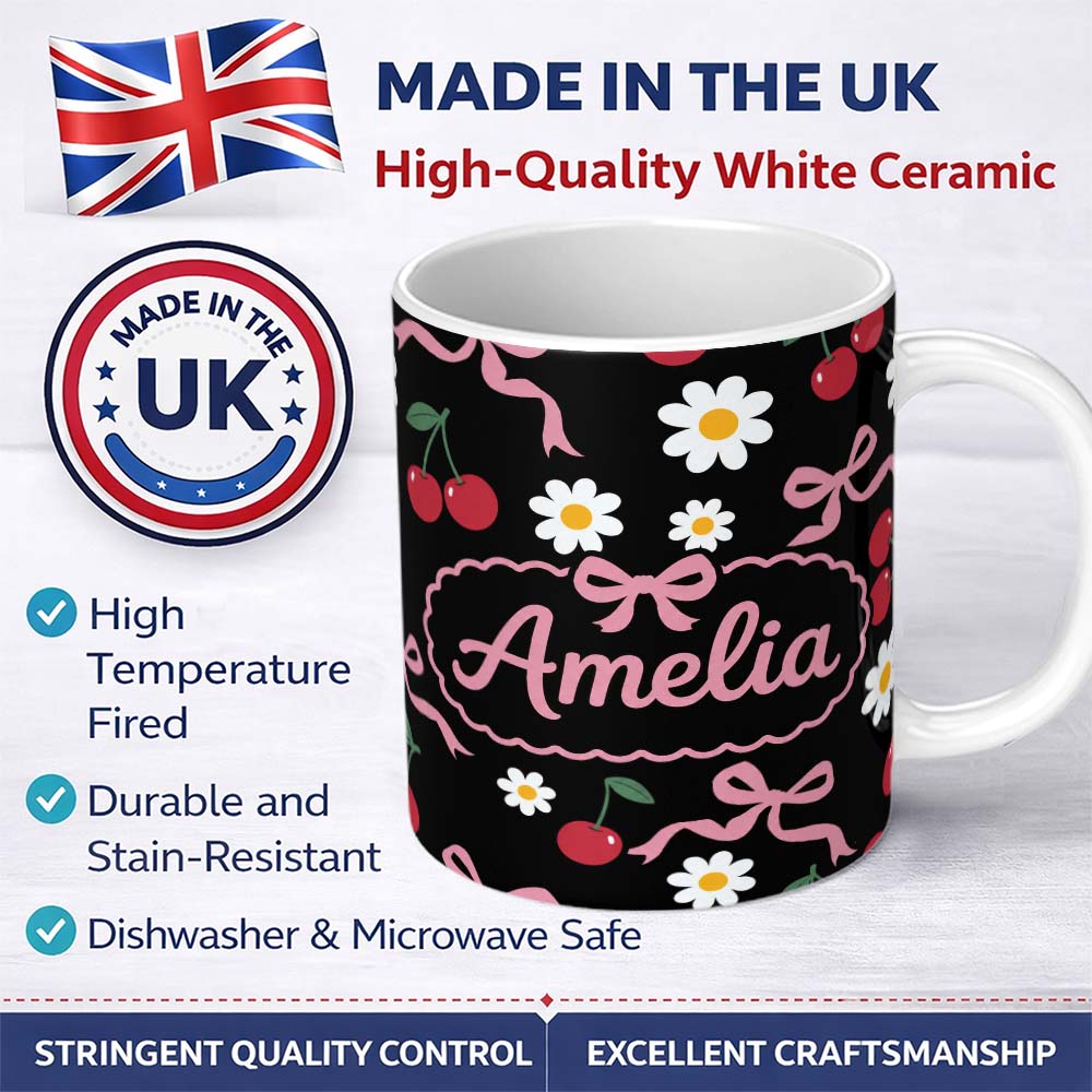 Personalized Custom Name Cute Cherry Bow and Daisy Seamless Pattern on Black Cute Unique Gift 11oz Ceramic Coffee Tea Mug White Large Handle