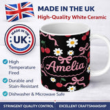 Personalized Custom Name Cute Cherry Bow and Daisy Seamless Pattern on Black Cute Unique Gift 11oz Ceramic Coffee Tea Mug White Large Handle