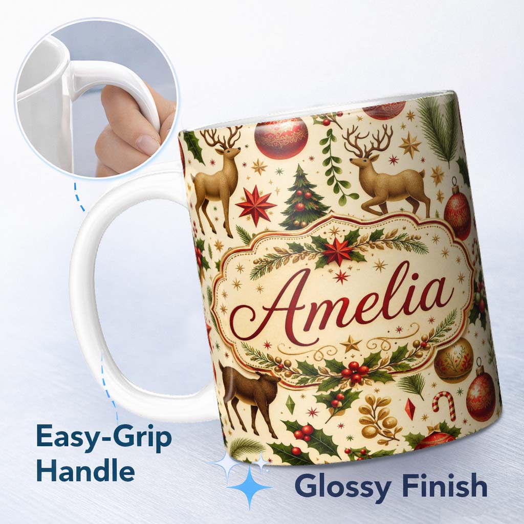 Personalized Custom Name Festive Reindeer Christmas Trees Stars Baubles Seamless Pattern 11oz Ceramic Coffee Tea Mug White Large Handle