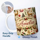 Personalized Custom Name Festive Reindeer Christmas Trees Stars Baubles Seamless Pattern 11oz Ceramic Coffee Tea Mug White Large Handle