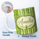 Personalized Custom Name Lush Green Bamboo Forest Watercolor Style Seamless Pattern Lovely 11oz Ceramic Coffee Tea Mug White Large Handle