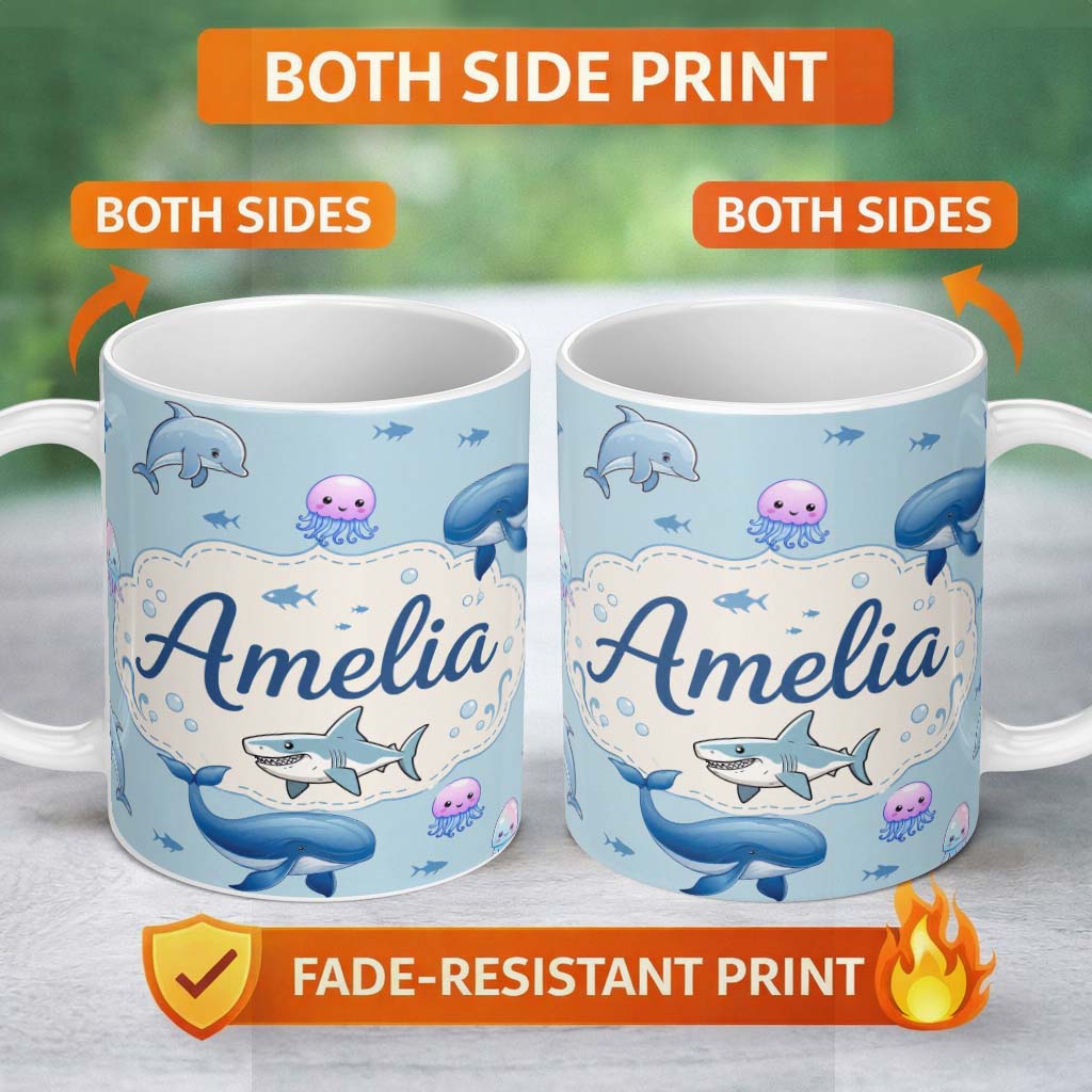 Personalized Custom Name Cute Ocean Animals Dolphin Shark Jellyfish Seamless Pattern Blue 11oz Ceramic Coffee Tea Mug White Large Handle