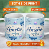 Personalized Custom Name Cute Ocean Animals Dolphin Shark Jellyfish Seamless Pattern Blue 11oz Ceramic Coffee Tea Mug White Large Handle