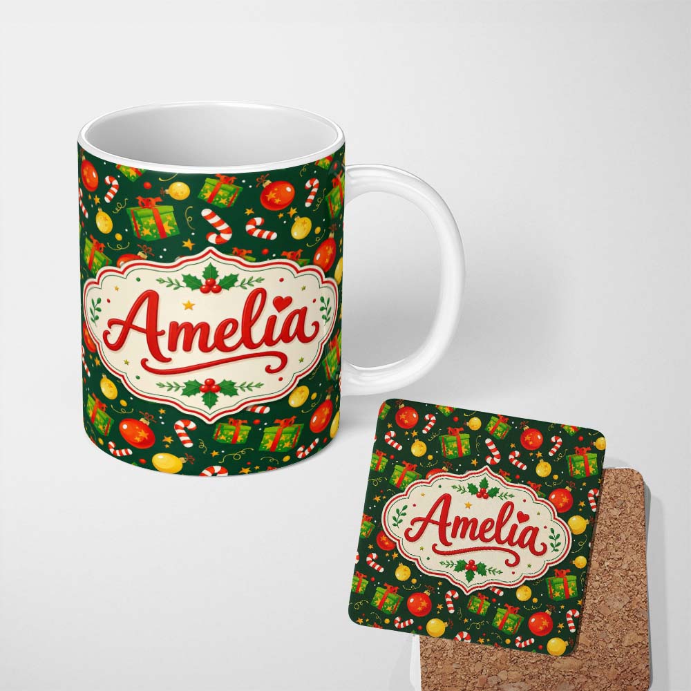 Personalized Custom Name Green Christmas Gifts Baubles Candy Cane Festive Holiday Seamless 11oz Ceramic Coffee Tea Mug White Large Handle