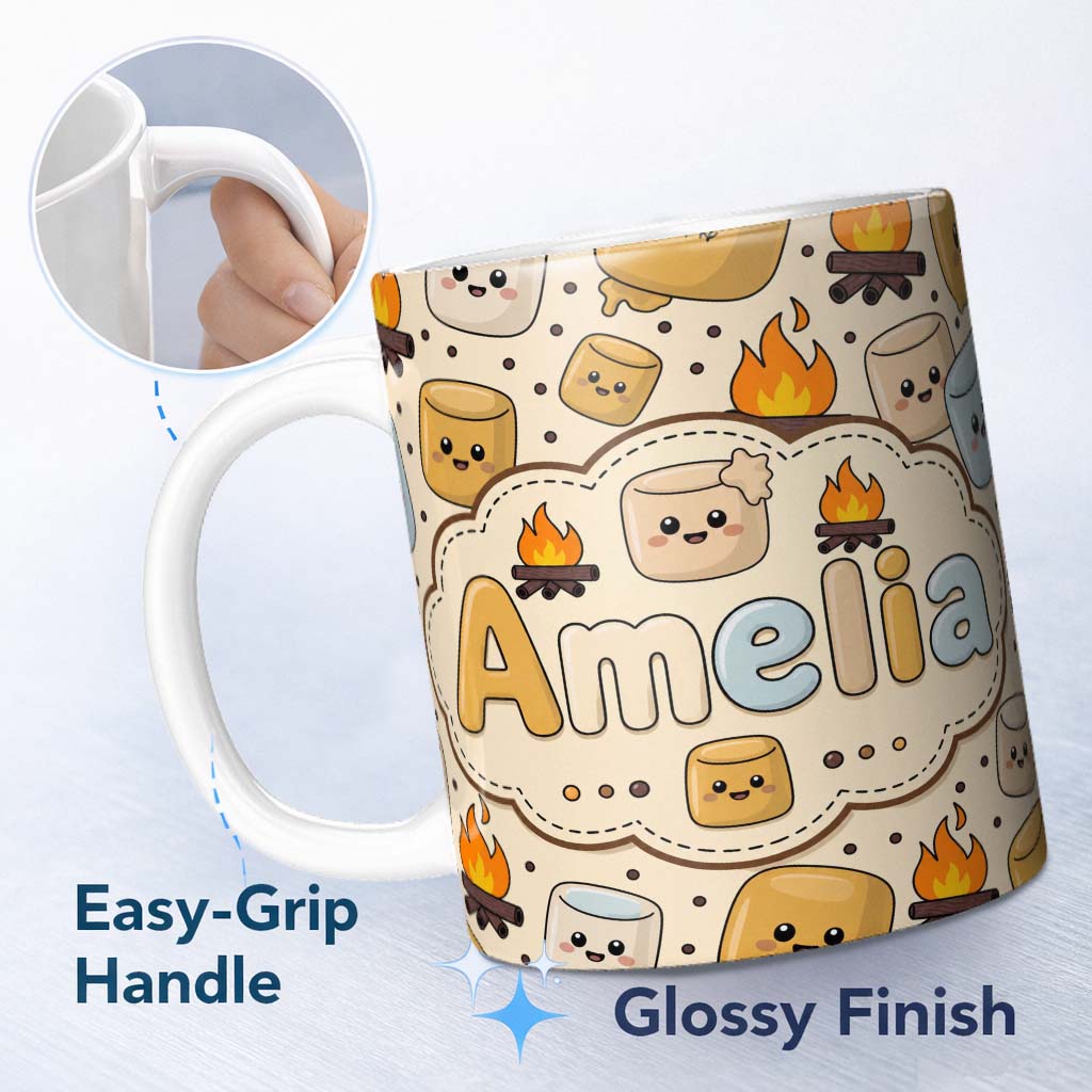 Personalized Custom Name Cute Marshmallows Campfire Smores Sweet Treat Seamless Pattern 11oz Ceramic Coffee Tea Mug White Large Handle